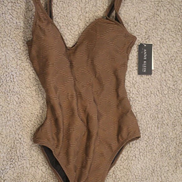 NWT Anne Klein Size 10 Brown Textured One Piece Swim Suit - Picture 1 of 4